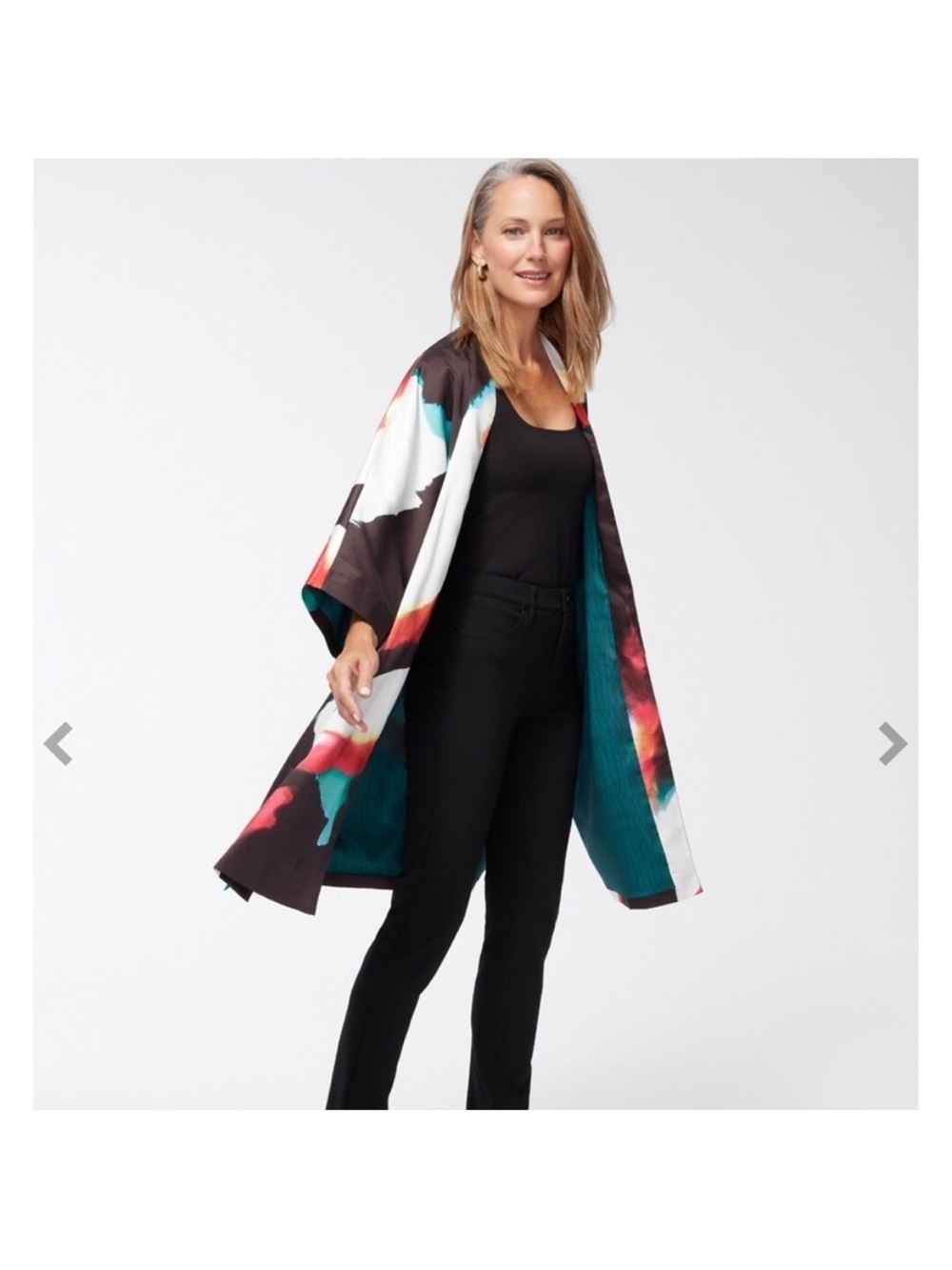 Chico's Floral Print Kimono Duster - Teal, Black, White, Red